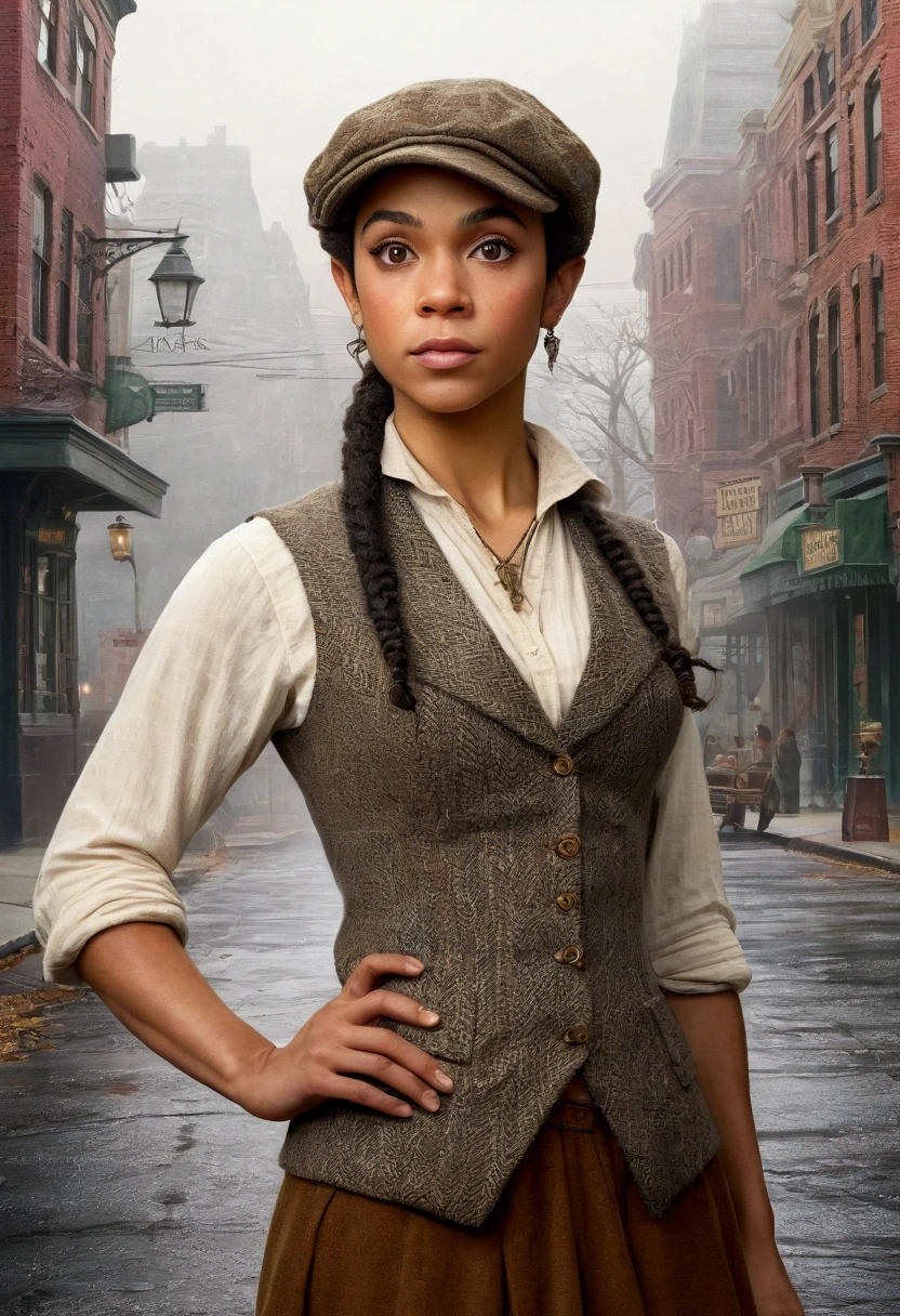 An illustrated movie poster, hand-drawn, full color, an elven maiden, wearing a tweed vest and a newsie cap, tall, toned, amazonian stature, athletic hourglass figure, busty bosom, long pointy elf ears, amber eyes, dark hair, curly bob cut, warm almond skintone, freckles, resembles Alexandra Shipp, standing on a foggy Victorian-era street corner, graphite shading, stencil marks, airbrushed acrylic paint, masterpiece, elf ears