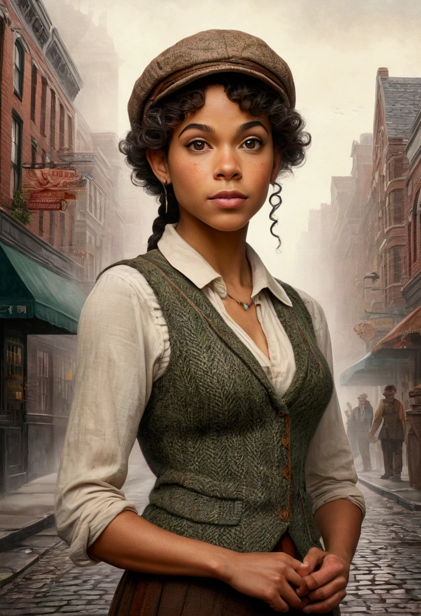 An illustrated movie poster, hand-drawn, full color, an elven maiden, wearing a tweed vest and a newsie cap, tall, toned, amazonian stature, athletic hourglass figure, busty bosom, long pointy elf ears, amber eyes, dark hair, curly bob cut, warm almond skintone, freckles, resembles Alexandra Shipp, standing on a foggy Victorian-era street corner, graphite shading, stencil marks, airbrushed acrylic paint, masterpiece, elf ears