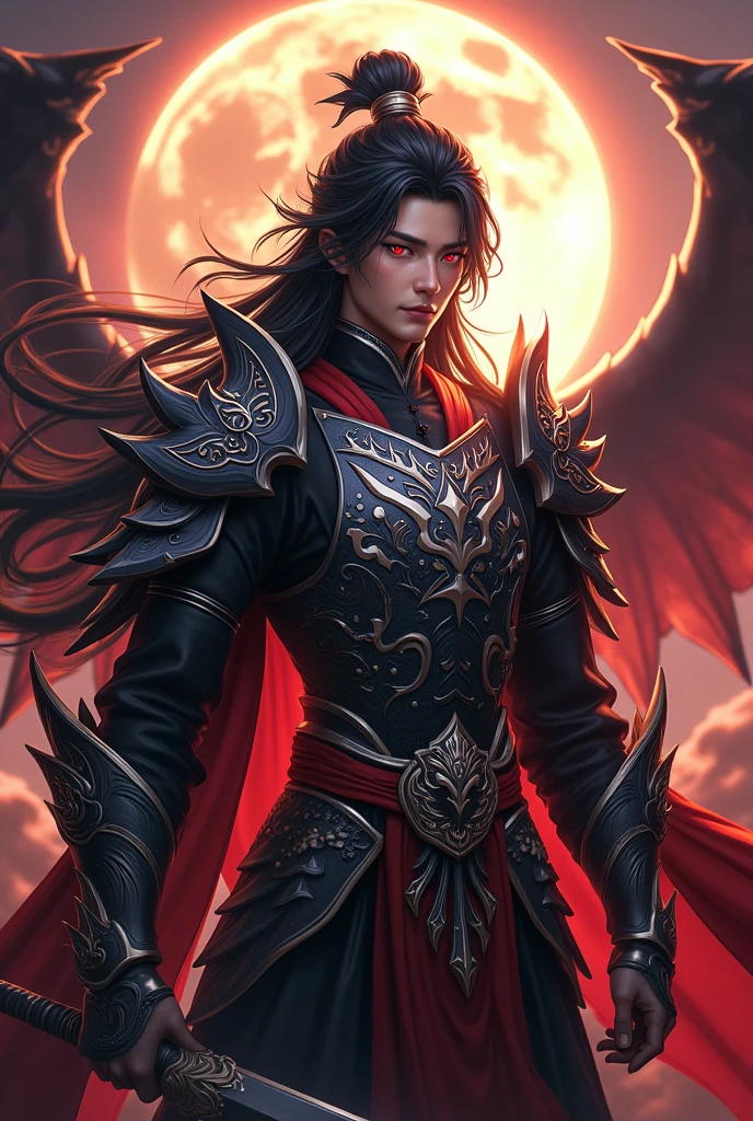 Handsome young xianxia protagonist,Chinese handsome,clear face detailed,perfect lighting,guy,man,long black obsidian hair, dark Phoenix crown,Crimson red eyes combination ,and long black tint hair,and the golden rune motiv engraved on his forehead,use armour featuring like God of evil with black and silver dominant color,pauldron protective shape like dragon head,breastplate featuring like qiongqi four perils Chinese beast((search reference for 4 perils Chinese beast qiongqi)),breastplate detailed emperor dragon head shape,shoulder protective dragon shape like head red and blue,sun and moon and circling at the background,ultra detail,the tassel of the armour like river of galaxy, combination of black and red dominant color,darkest red dominant color, Crimson dark red dominant color armour,with majestic silver line ,held halberd of abyss,halberd extreme detailed, And demonic wings at back,demonic wings at back,terrifying aura around,24K ultra hd,face and eyes detail,lips and face detail,masterpiece ,better quality