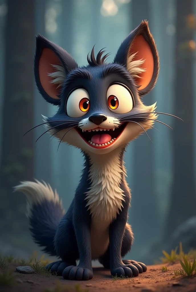 A whimsical, cartoonish black fox with large, expressive orange eyes, and exaggerated facial features stands with a mischievous, wide-eyed grin, matching the exact expression as the reference image. The fox's fur is dark black with tufts of fur adding texture and character. Its mouth is open wide with a comically large tongue sticking out, adding to its playful and mischievous appearance. The overall style is highly detailed with a touch of hand-painted quality, focusing on exaggerated expressions, vibrant colors, and a humorous, light-hearted mood. The background is a softly blurred, dark-toned forest with hints of light filtering through the trees, adding to the magical and whimsical atmosphere.