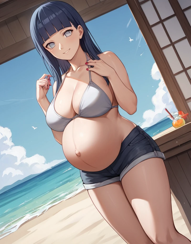 HYUUGAHIN, LIGHT GRAY TOP, "BLACK LONG HAIR", BLUE EYES, 1GIRL, BLUNT BANGS, score_9, score_8_up, score_7_up, source_anime,
Hinata Hyuga, Naruto: The Last, long indigo hair, straight hair, soft bangs, pale lavender eyes, mature, refined, elegant,
high-quality, ultra-detailed, beast quality, 8K resolution, anime style, beach,
looking at viewer, dutch angle, cowboy shot, smile, pregnant belly, large belly, big belly, big Breasts, belly button, bikini, shorts,
1girl,solo, indoors, happy, Smiling, rub belly,
full body, Nail polish,