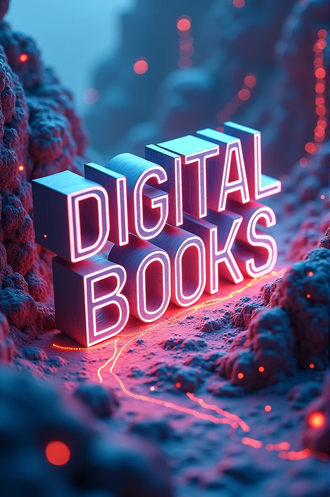 An incredibly eye-catching and very creative cover that says "digital books" with letters with perspective. Include elements that have too much creativity