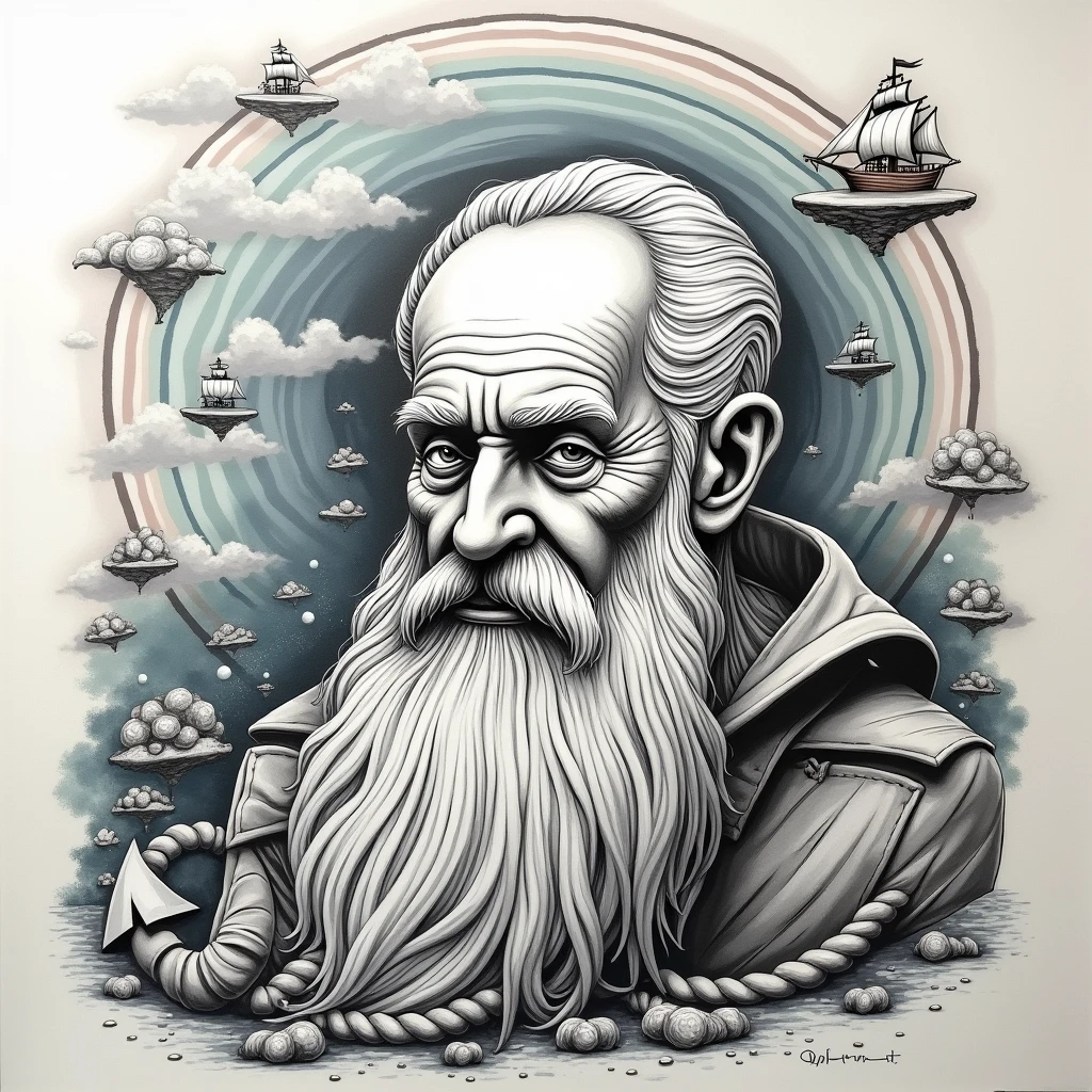 A photo of a cubist street art piece with a nautical surrealism theme. The artwork is of an elderly man with a beard. The man's head is surrounded by various nautical elements such as a ship, a anchor, and a rope. The background is a dreamy psychedelic landscape with floating islands and a rainbow. The artwork is in the style of ink and wash, with white and gray tones.