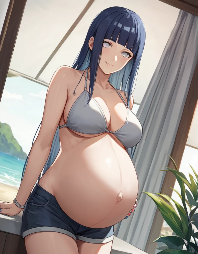 HYUUGAHIN, LIGHT GRAY TOP, "BLACK LONG HAIR", BLUE EYES, 1GIRL, BLUNT BANGS, score_9, score_8_up, score_7_up, source_anime,
Hinata Hyuga, Naruto: The Last, long indigo hair, straight hair, soft bangs, pale lavender eyes, mature, refined, elegant,
high-quality, ultra-detailed, beast quality, 8K resolution, anime style, beach,
looking at viewer, dutch angle, cowboy shot, smile, pregnant belly, large belly, big belly, big Breasts, belly button, bikini, shorts,
1girl,solo, indoors, happy, Smiling, rub belly,
full body, Nail polish,