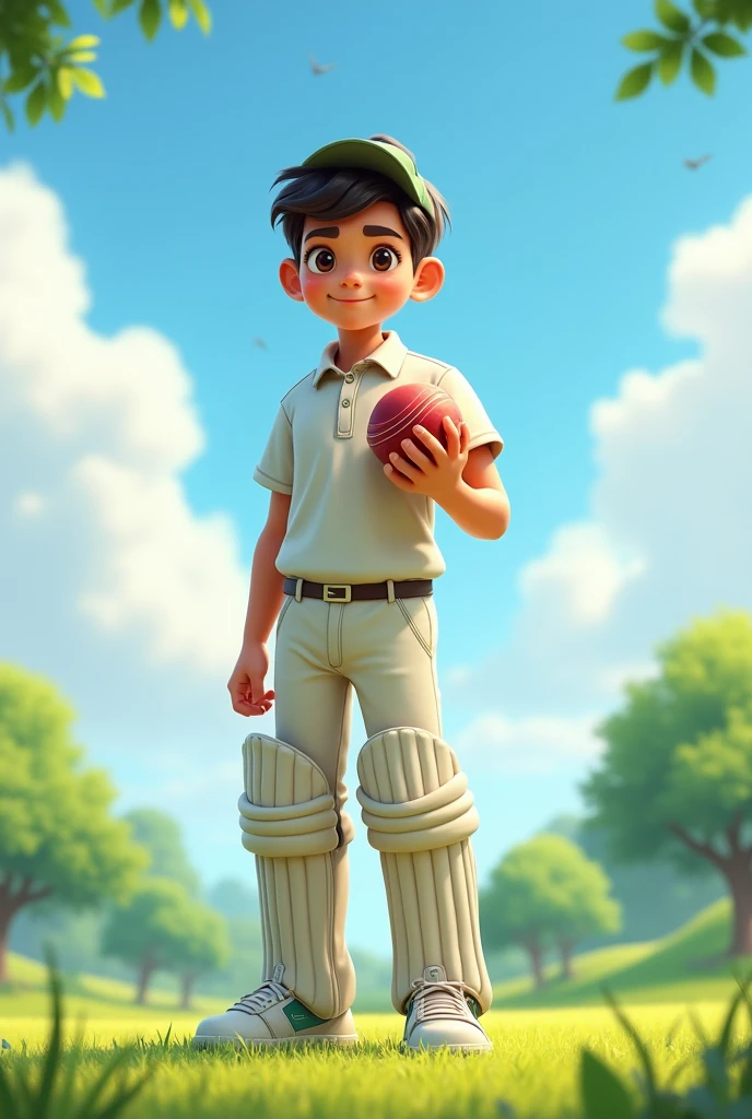 "Create an image of a standing confidently on a grassy field, wearing a casual shirt and trousers. He is holding a cricket ball in one hand, with the other hand resting at his side. The boy is looking stright with a determined expression, as if he is about to begin bowling. The background includes a clear blue sky and a few scattered trees, capturing the peaceful yet focused atmosphere of the moment."