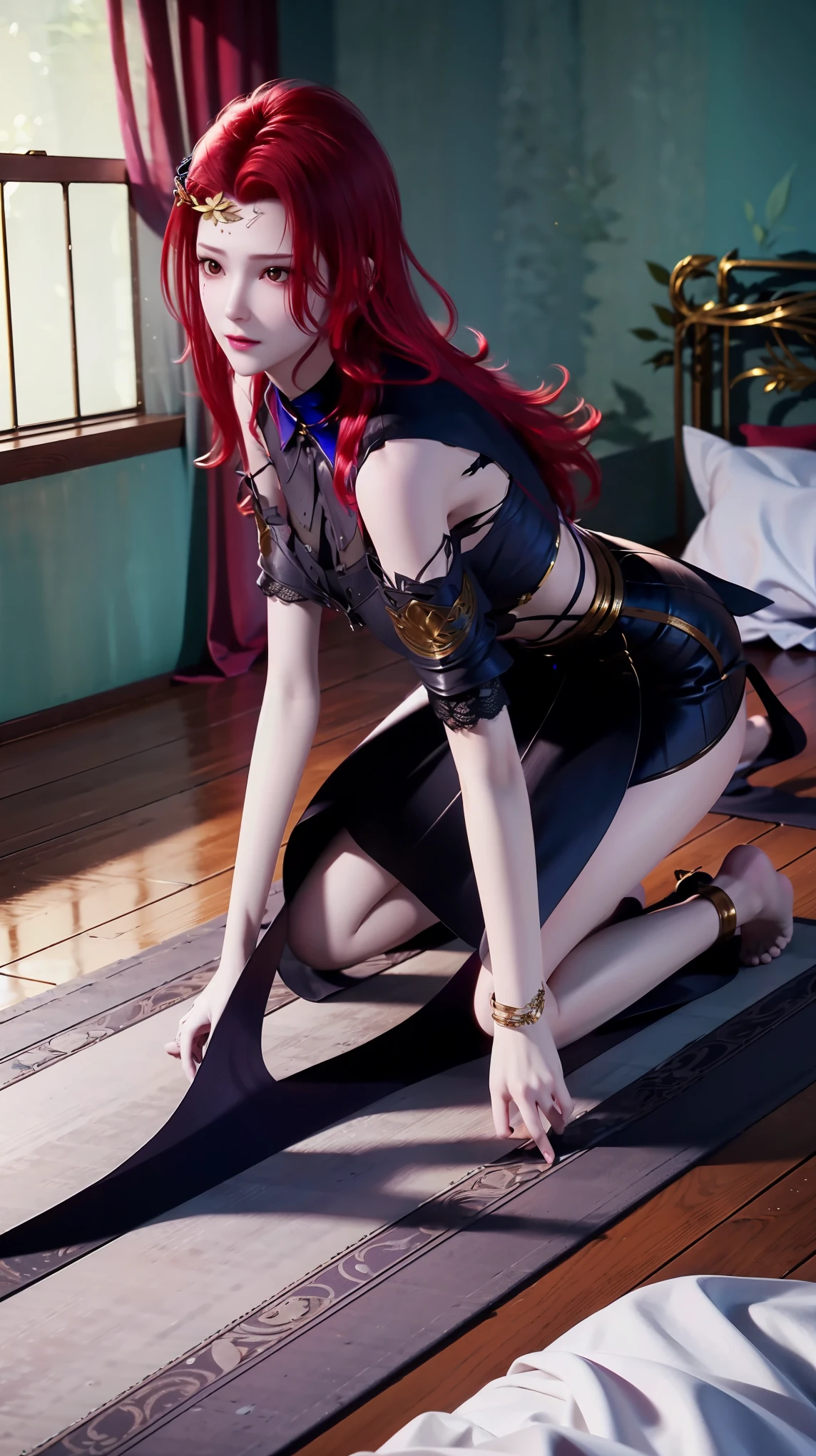 best quality，masterpiece，The Ultimate Solution，Fluffy，Extremely colorful，Mature beautiful woman，（Dress school uniform），Lace skirt，（Beautiful woman beheaded），Normal posture，（Kneeling），Kneeling on the bed，shackles，Beheading，collar，barefoot，Normal posture