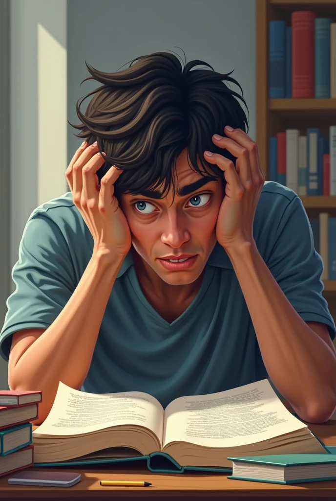 A frustrated young man holding his head study book in the table