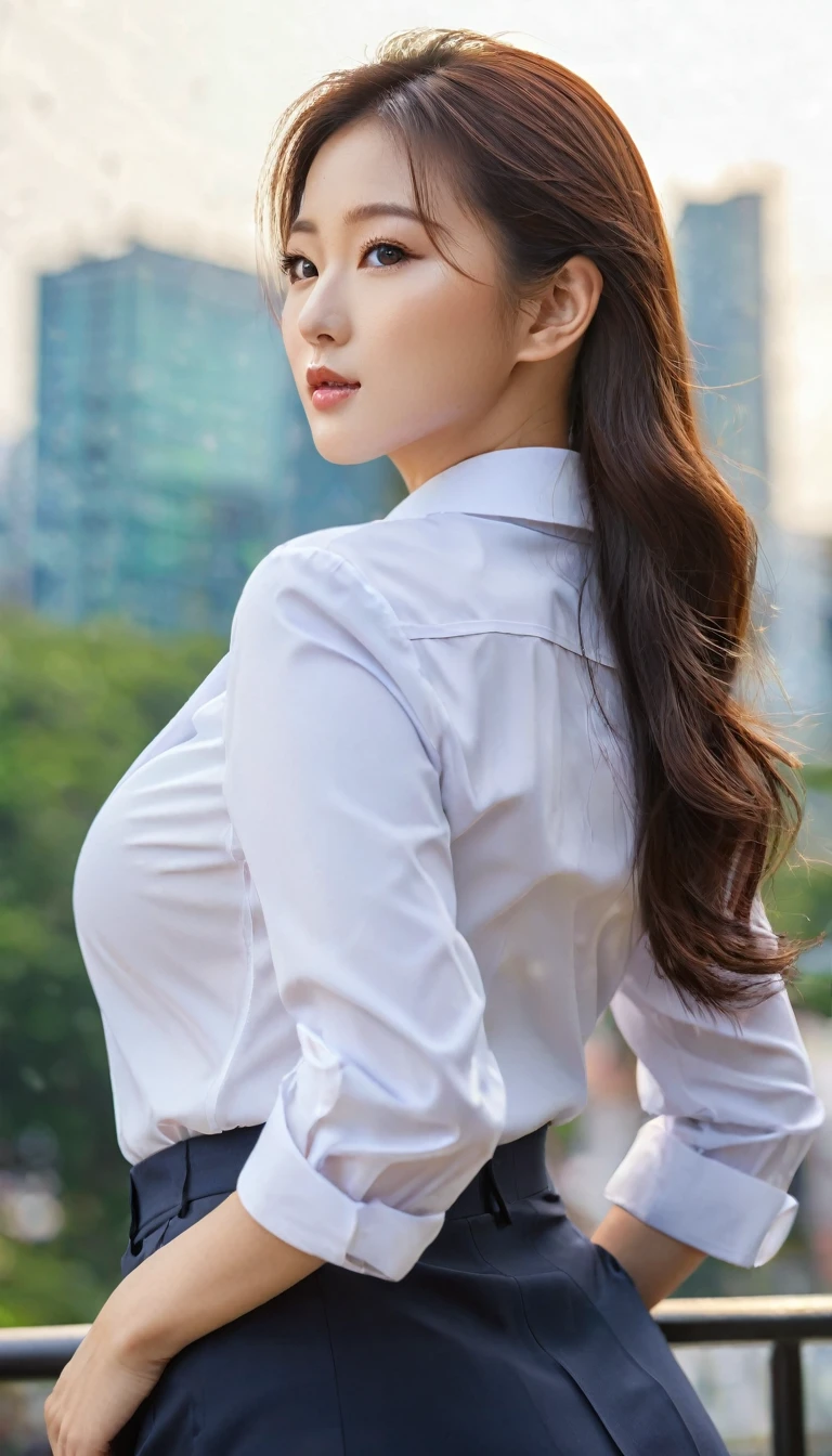 close-up of beautiful korean female, 34 inch breasts size, wearing office uniform, back shot, from below, standing and looking at the viewer, outdoor background, bokeh background, UHD