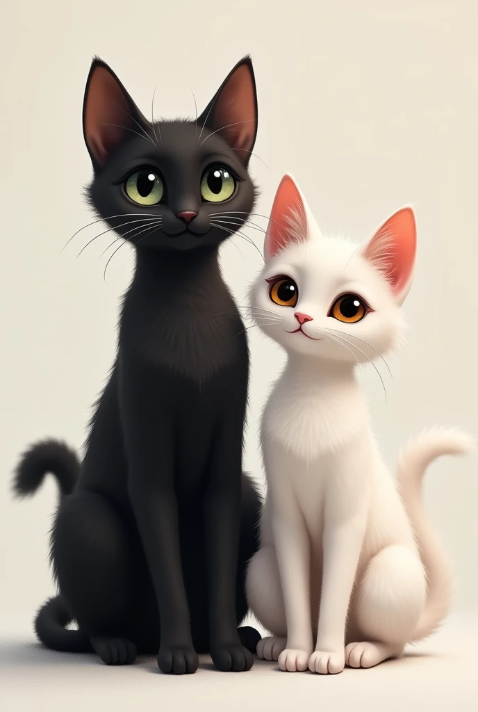 Tall, thin age black cat with black eyes and straight hair with a short, thin teenwhite cat with brown eyes and curly hair