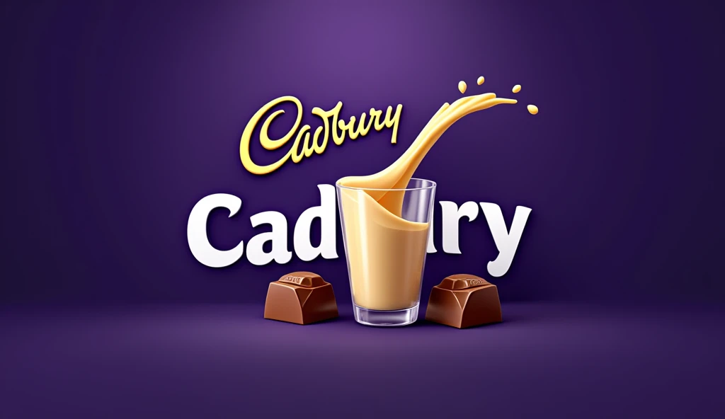 2d graphic logo , cadbury Dairy milk in different font and design, use milk pouring from glass in it , logo should be creative and different from real , use golden and white color in the royal purple back ground, use 2 chocolate pieces in logo . Use different style please. Cadbury should be written in straight font with some other design