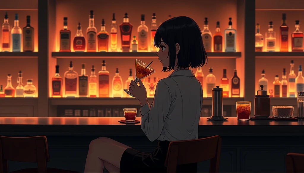 Beautiful girl drinking alone at the counter of a jazz bar,High resolution,Alcohol and cocktails on shelves,Anime girl sitting at a bar having a drink