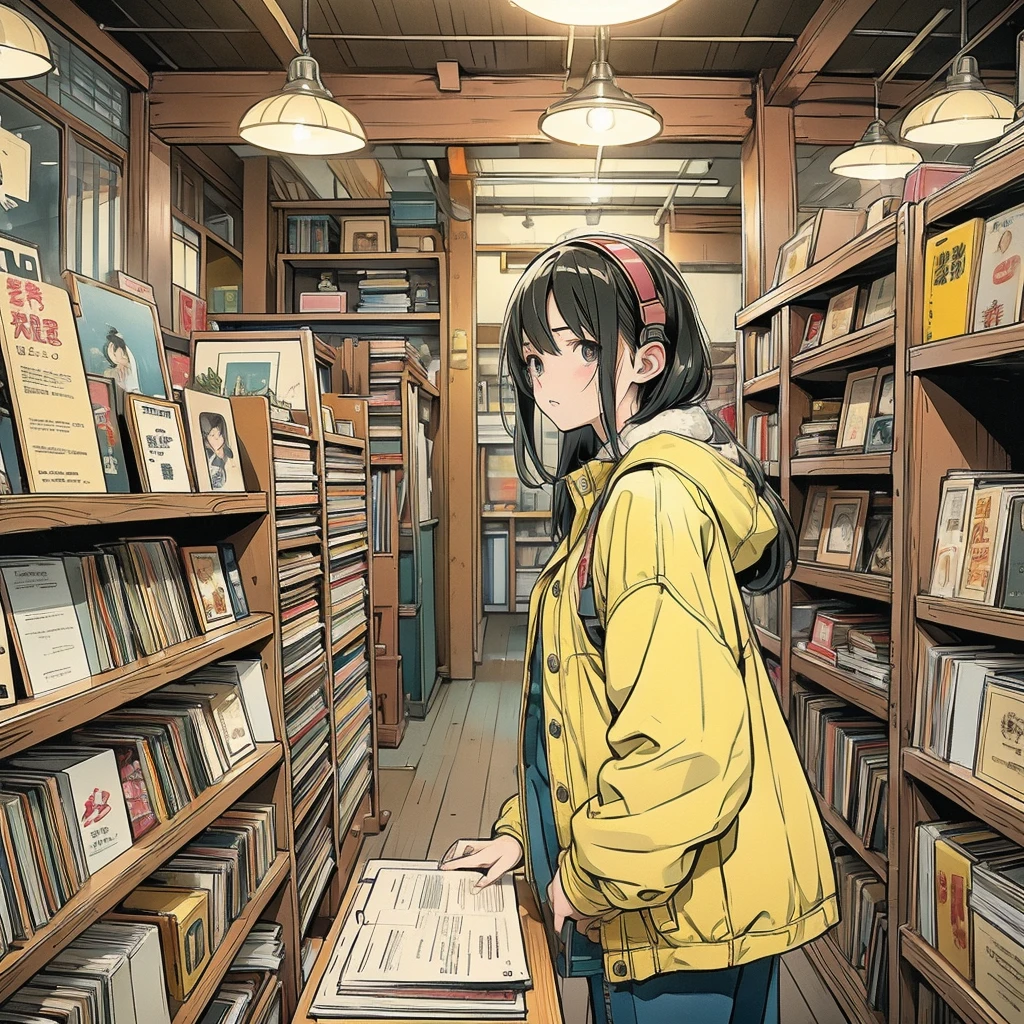 A young woman browsing records in a cozy record store、Create detailed and atmospheric scenes。. She should wear a yellow jacket and headphones., Lost in thought while examining records. There are various types of々There should be a lot of records like this., Colorful album cover. Lighting should be warm and inviting, Emphasise a nostalgic and intimate atmosphere. Using a realistic yet slightly stylized anime art style、Capture the emotion of your characters and the richness of your environments。.