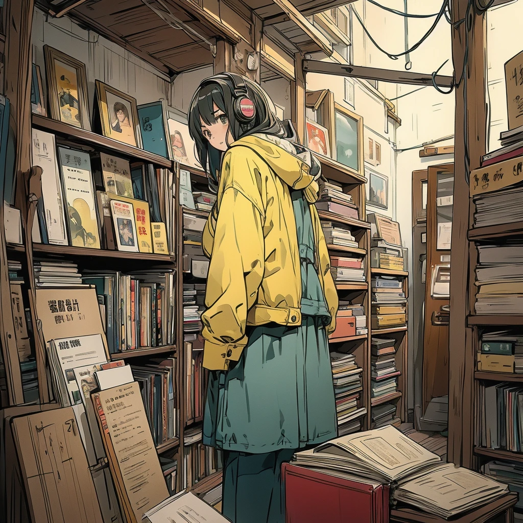 A young woman browsing records in a cozy record store、Create detailed and atmospheric scenes。. She should wear a yellow jacket and headphones., Lost in thought while examining records. There are various types of々There should be a lot of records like this., Colorful album cover. Lighting should be warm and inviting, Emphasise a nostalgic and intimate atmosphere. Using a realistic yet slightly stylized anime art style、Capture the emotion of your characters and the richness of your environments。.