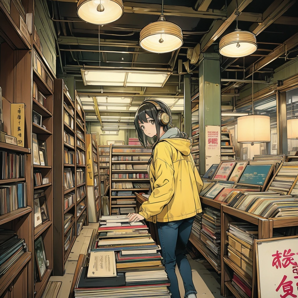 A young woman browsing records in a cozy record store、Create detailed and atmospheric scenes。. She should wear a yellow jacket and headphones., Lost in thought while examining records. There are various types of々There should be a lot of records like this., Colorful album cover. Lighting should be warm and inviting, Emphasise a nostalgic and intimate atmosphere. Using a realistic yet slightly stylized anime art style、Capture the emotion of your characters and the richness of your environments。.