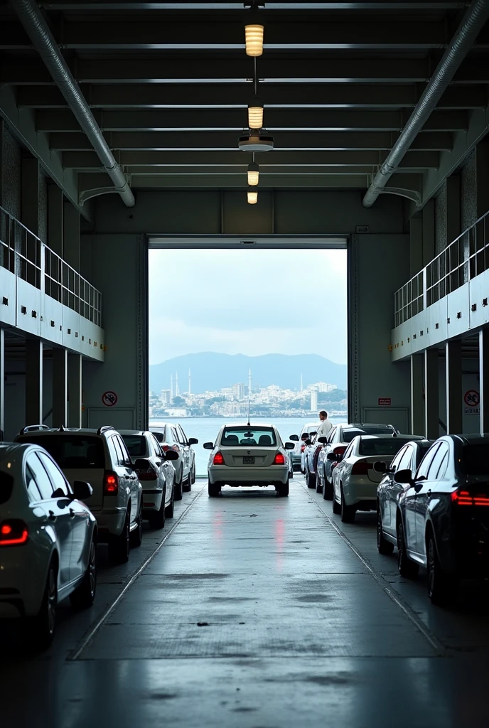 Car deck of the Cruise car ferry named MS Catbalogan that was inside the ship with a car door 

 