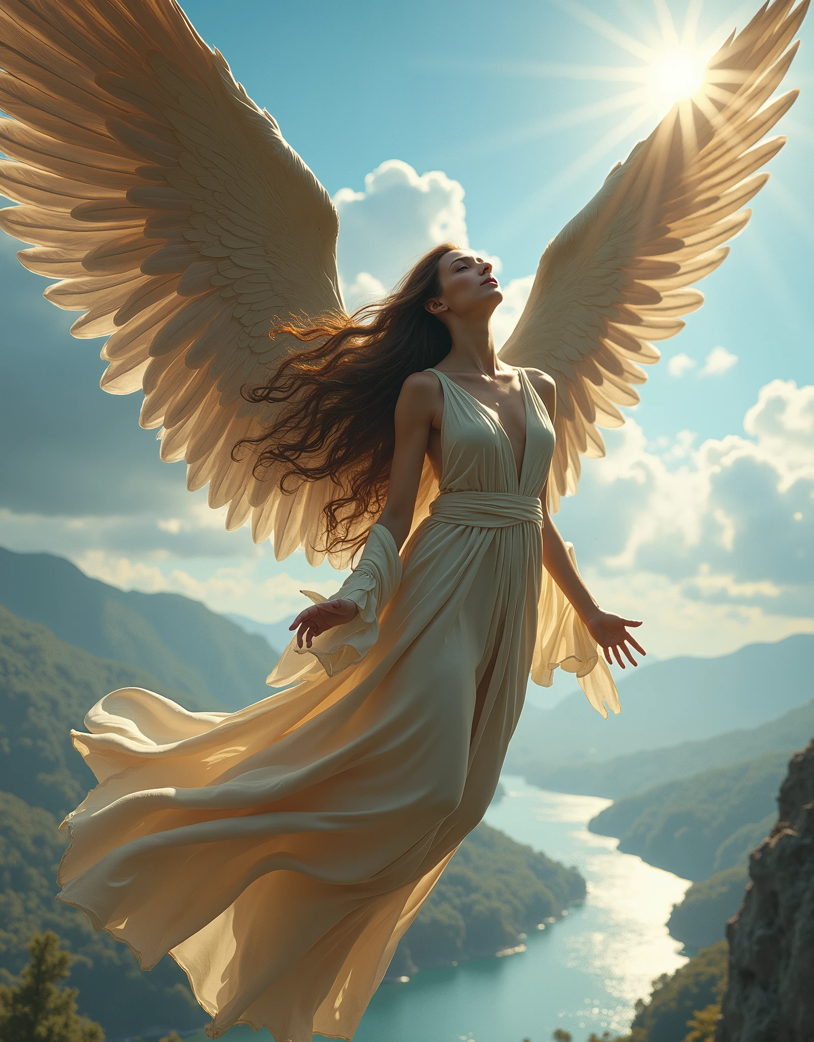 WINGED WOMAN, HUGE LONG HAIR, LIGHT BROWN HAIR, HUGE BROWN FEATHERS, LONG BEIGE DRESS, LONG FLARE SLEEVES, PALE SKIN, BLUE EYES, LOOKIING UP, HIGH CHEEKBONES, ROSY CHEEKS, MENTAL FORAMEN, ENIGMATIC FACE EXPRESSION, MUSCLES, SUN, STRONG BACK LIGHTS, BLUE SKY, CLOUDS, RIVER, ANGEL FROM HEAVEN,FLYING WINGGED WOMAN, 