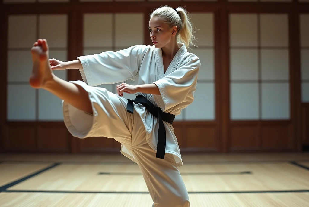 Karate pose, Dynamic pose,  ((kick)), Side view, Full- body,  beautiful Russian woman, 3, (blond hair, short pony tail , Gray eyes, Beautiful Lips, serious), (middle Breasts, middle Hips) ,((Karate White clothes, Karate underwear,  Black obi)), (White underwear), At the Karate Dojo, Standing on tatami mat, Textured skin ((Surrealism, Fujicolor, Fujifilm, UHD, retina, masterpiece, accurate, anatomically correct, textured skin, super detail, high details, high quality, best quality, 8k))