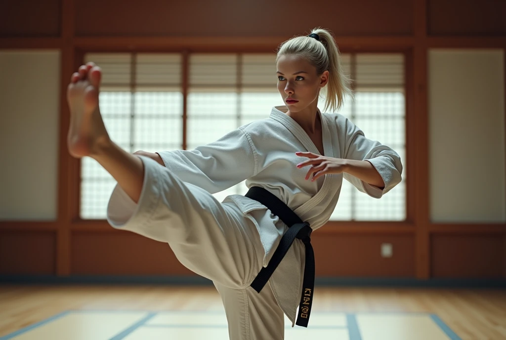 Karate pose, Dynamic pose,  ((kick)), Side view, Full- body,  beautiful Russian woman, 3, (blond hair, short pony tail , Gray eyes, Beautiful Lips, serious), (middle Breasts, middle Hips) ,((Karate White clothes, Karate underwear,  Black obi)), (White underwear), At the Karate Dojo, Standing on tatami mat, Textured skin ((Surrealism, Fujicolor, Fujifilm, UHD, retina, masterpiece, accurate, anatomically correct, textured skin, super detail, high details, high quality, best quality, 8k))