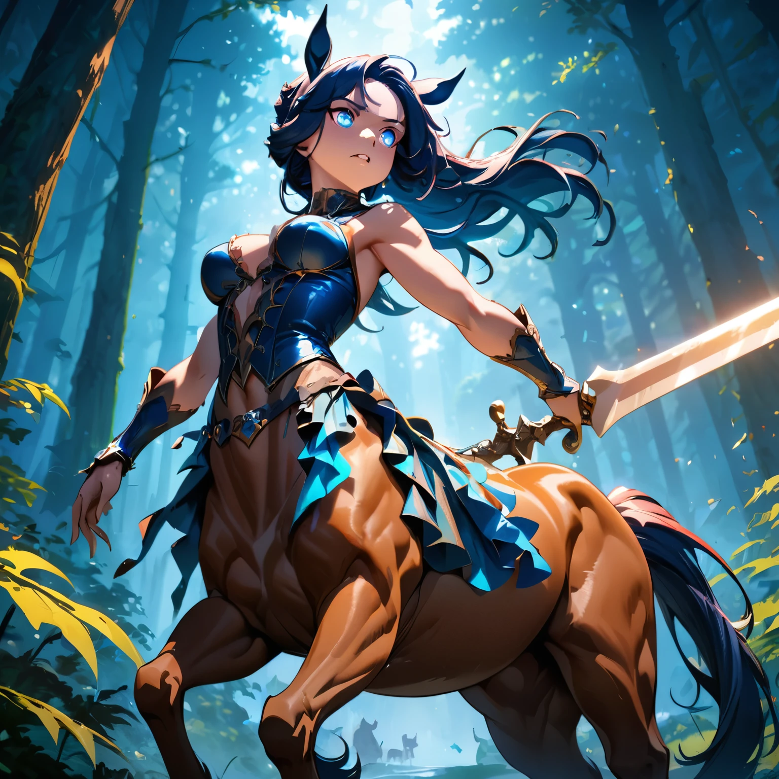 a centaur in a forest, looking into the distance, wary of the surroundings, dignified face, strong gaze, beautiful detailed eyes, beautiful detailed lips, extremely detailed face, horse, 1 centaur, (best quality,4k,8k,highres,masterpiece:1.2),ultra-detailed,(anime style),concept art, fantasy, dynamic pose, dramatic lighting, vivid colors, cinematic atmosphere,(have a long sword)