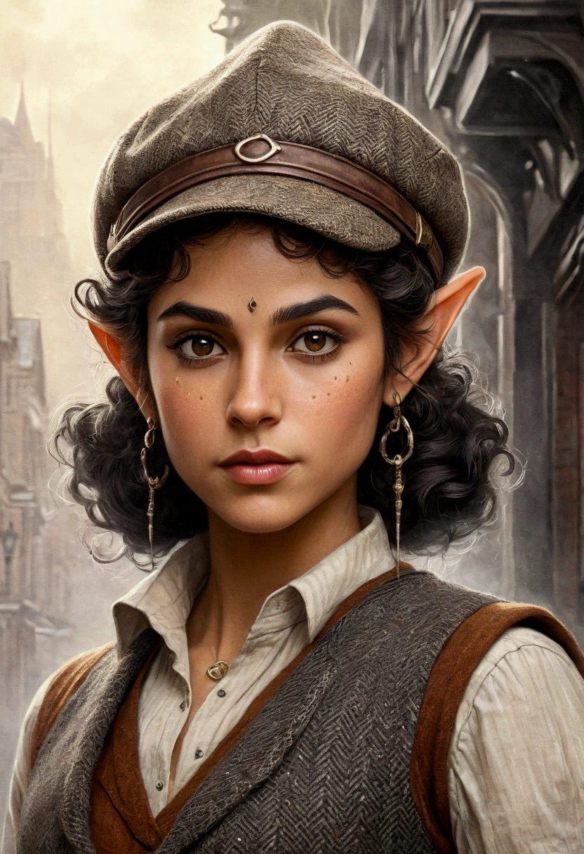 An illustrated movie poster, hand-drawn, full color, an elven maiden, wearing a tweed vest and a newsie cap, tall, toned, amazonian stature, athletic hourglass figure, long pointy elf ears, amber eyes, dark hair, curly bob cut, warm almond skintone, freckles, resembles Adria Arjona, standing on a foggy Victorian-era street corner, graphite shading, stencil marks, airbrushed acrylic paint, masterpiece, elf ears