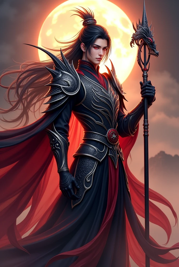 Handsome young  xianxia protagonist,Chinese handsome,clear face detailed,perfect lighting,guy,man,long black obsidian hair, dark Phoenix crown,Crimson red eyes combination ,and long black tint hair,and the golden rune motiv  engraved on his forehead,use armour featuring like God of evil  with black and  silver dominant color,pauldron protective shape like dragon head,breastplate featuring like qiongqi four perils Chinese beast((search reference for 4 perils Chinese beast qiongqi)),breastplate detailed emperor dragon head shape,shoulder protective dragon shape like head red and blue,sun and moon and circling at the background,ultra detail,the tassel of the armour like river of galaxy, combination of black and red dominant color,darkest red dominant color, Crimson dark red dominant color armour,with majestic silver line ,held  halberd of abyss,halberd extreme detailed, And demonic wings at back,demonic wings at back,terrifying aura around,24K ultra hd,face and eyes detail,lips and face detail,masterpiece ,better quality 