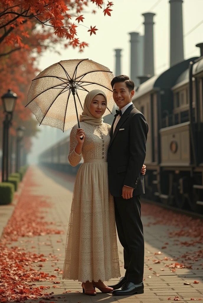 A 3 husband and wife, the woman wore a beautiful Dutch noni lace dress with lace umbrella sleeves, hijab, shoes, while the man wore a toe-toe suit which was common clothing for men in the colonial era of the 1900s. In 1940, this jacket had a Shanghai lapel or lapel. for example, a koko shirt with a half-length high collar is formal clothing and is more casual, the trousers worn and the underwear worn over the jacket is only a singlet, the shoes are formal leather shoes, like the appearance of the Dutch in the past. style, wear outdoor hats, usually wear helmets and boater hats. Meanwhile, the train station is unique and antique, like old and classic Dutch trains and there are thick chimneys and lots of trees with red leaves flying around, there are red leaves scattered everywhere. on the ground or on the floor while smiling. while holding a patterned lace umbrella...