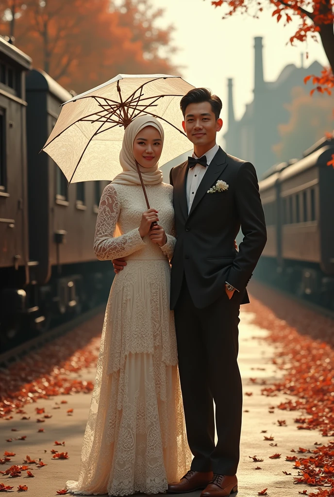 A 3 husband and wife, the woman wore a beautiful Dutch noni lace dress with lace umbrella sleeves, hijab, shoes, while the man wore a toe-toe suit which was common clothing for men in the colonial era of the 1900s. In 1940, this jacket had a Shanghai lapel or lapel. for example, a koko shirt with a half-length high collar is formal clothing and is more casual, the trousers worn and the underwear worn over the jacket is only a singlet, the shoes are formal leather shoes, like the appearance of the Dutch in the past. style, wear outdoor hats, usually wear helmets and boater hats. Meanwhile, the train station is unique and antique, like old and classic Dutch trains and there are thick chimneys and lots of trees with red leaves flying around, there are red leaves scattered everywhere. on the ground or on the floor while smiling. while holding a patterned lace umbrella...