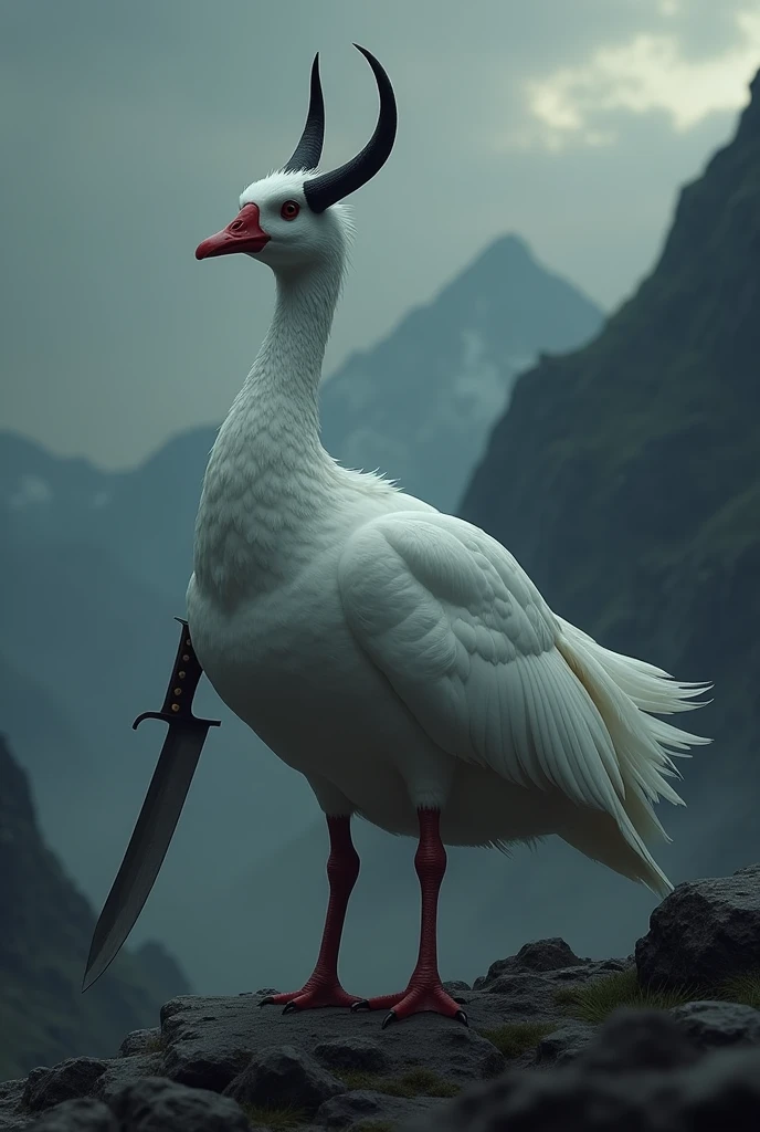 Serious Japanese style grey goose with knife, devil horns on head against mountains in the dark 