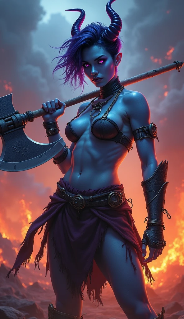 Destiny, the light blue Tiefling from Dungeons and Dragons, best quality, ultra-detailed CG unity 8k wallpaper, firey rage, high resolution, dynamic pose, beautiful face, 2 demon horns (Purple and black eyes:1.2, black and purple hair:1.3, pixie cut hair, ragged cloth armor, tiny boobs, bare midriff), depth of field, firey hellscape, dark light, night time), (high fantasy), weilding a waraxe, 6 pack abs, muscular thighs, dommy mommy