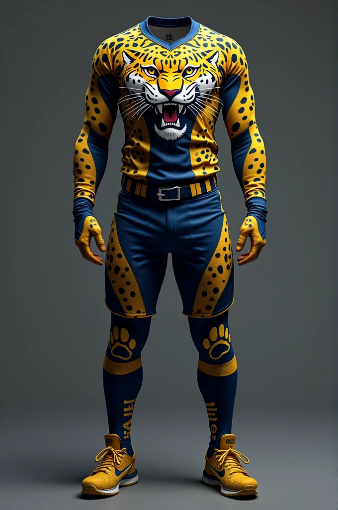 Hello, I need your help to create a slogan for &#39;Atlética Predadora&#39;, a university athletic team with a jaguar mascot. The slogan must reflect power, mastery and excellence. Por favor, generate some impactful slogans that incorporate these elements and the concept of predator." Use visual elements with dark blue, white and gold, the jaguar with its original colors which is yellow with black tips. PROVIDE ME WITH A PICTURE OF WHAT A BASEBALL STYLE OUTFIT WOULD LOOK LIKE, COMMON AMONG ATHLETIC TEAM 
