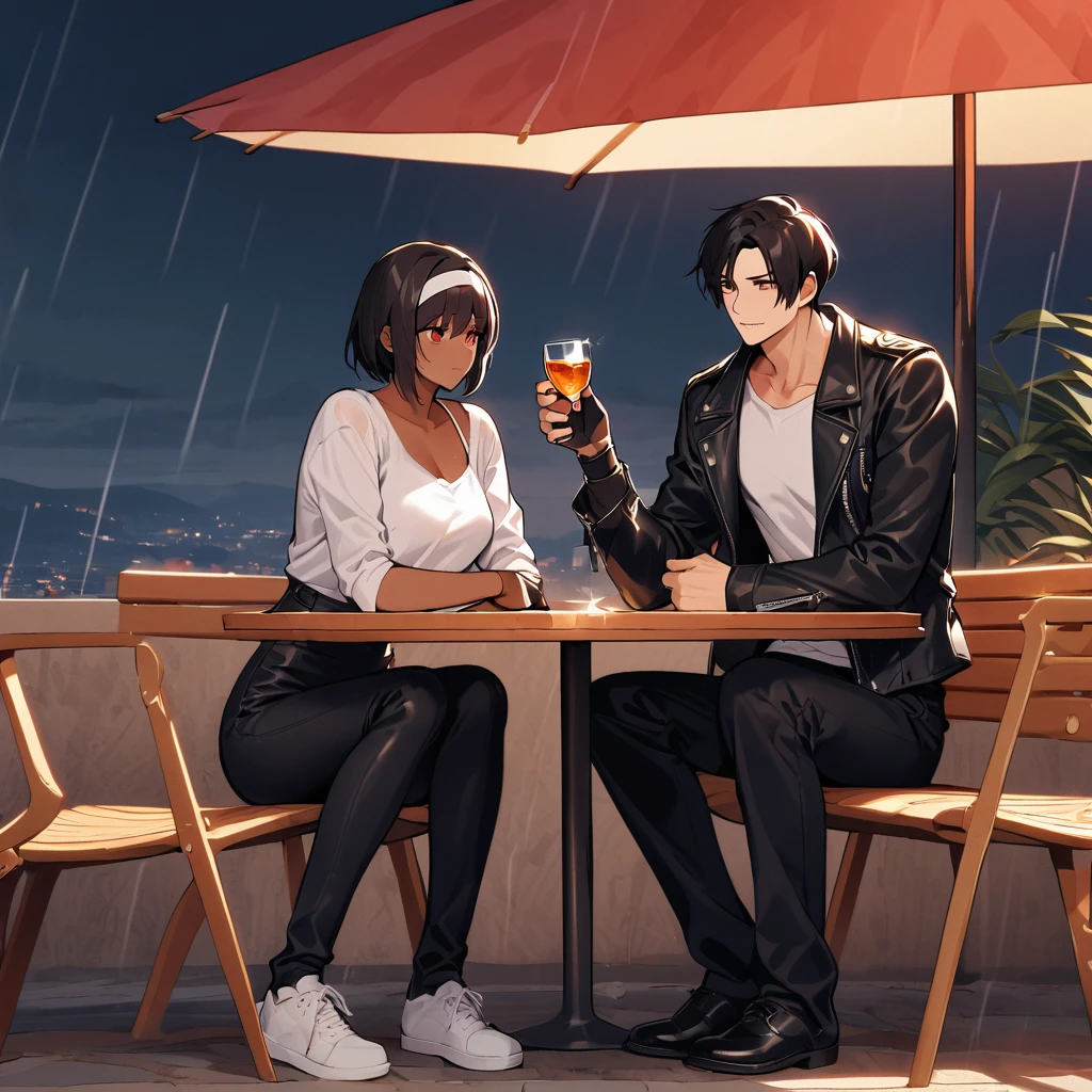 Orochiquillo, dark skin, couple, two people, man and woman, red eyes, ((black leather jacket with rolled up arms)), fingerless gloves, black hair, white T-shirt, ((white headband)), black pants, white shoes, brown belt, handsome, shot, charming, masterpiece, high resolution, detailed face, fine grain, day, rainy Rainy sky, Confident surprised face, With lover, Promenade des Anglais, Dining on terrace, Drinking brandy in rocks glass, Raining, France, Palm facing up, Concerned about rain leg, Sitting cross-legged