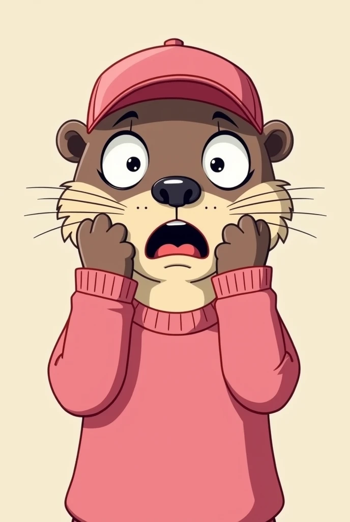 Cartoon of a male otter, with pink cap, pink sweatshirt, with a face of oh very god, with both hands on the face 