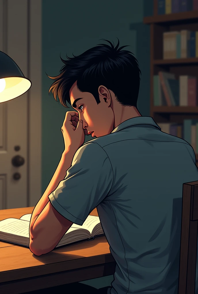 A frustrated young man holding his head study  book in the table back side
