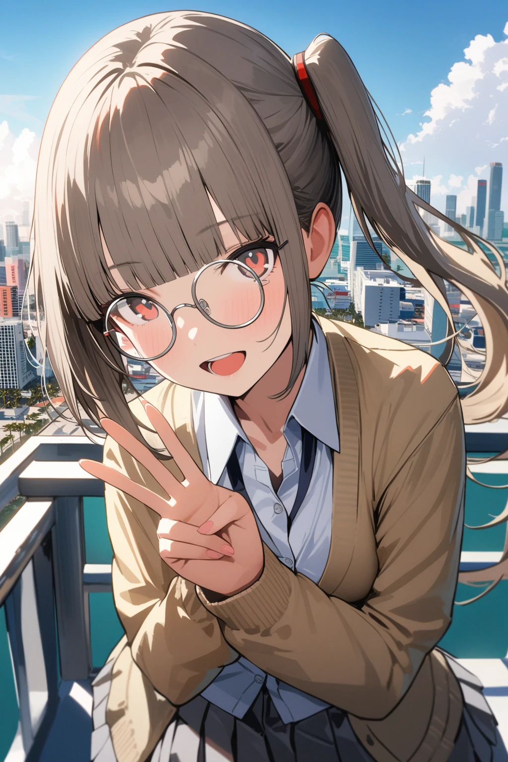 (extremely detailed fine touch:1.3), girl, solo, alone, 2.5d, (((silver semi-rimless round eyewear:1.3))), side ponytail, smooth hair, blunt bangs, open mouth, smile, collared shirt, white shirt, school uniform, light brown cardigan, gray pleated skirt, peace sign, miami city backdrop,