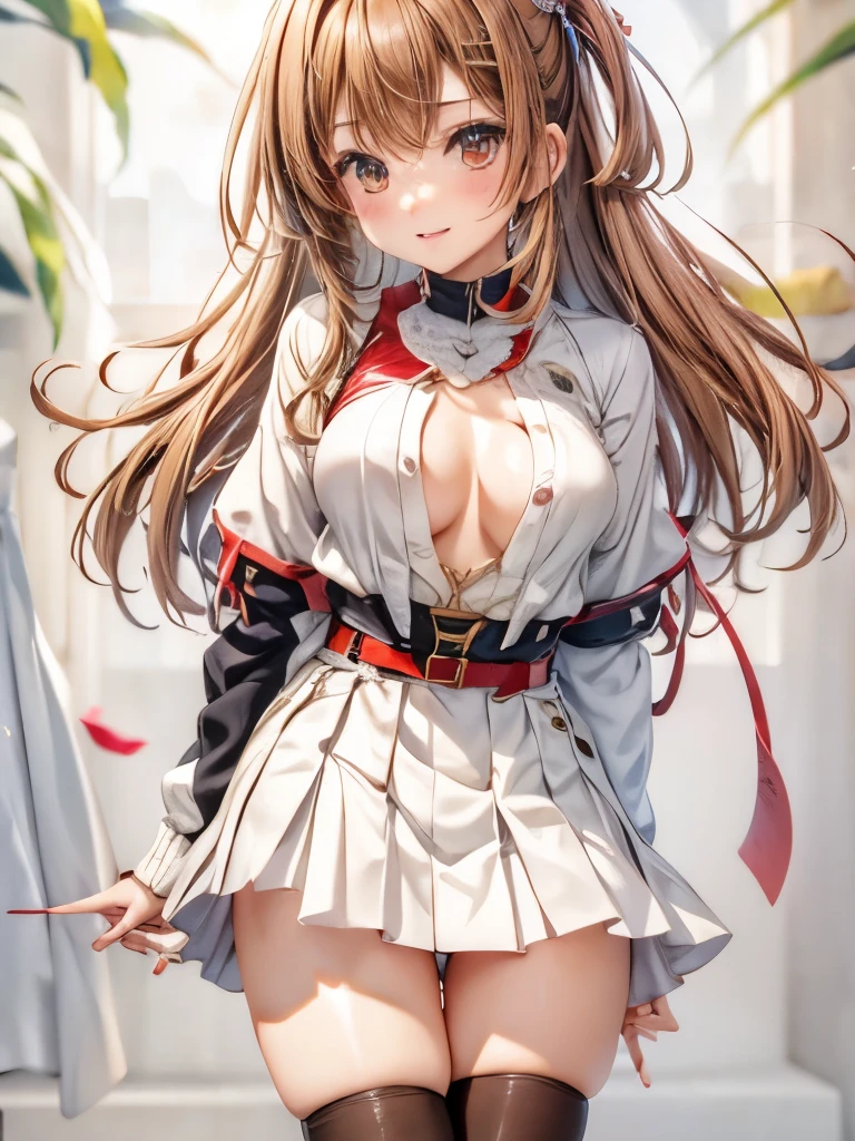 (medium breasts, :1.5), light brown hair, medium hair, hair over shoulder, red eyes, dutch angle, feet out of frame, UHD, masterpiece, high quality,very short pleated miniskirt
