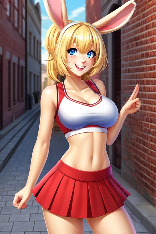 Rabbit girl High school cheerleader, solo, female, blonde hair, blue eyes, smiling, big breasts, midriff, pleated skirt, cleavage, slim, small waist, small hips, european city, brick road, hands behind back, happy, looking at viewer, high quality