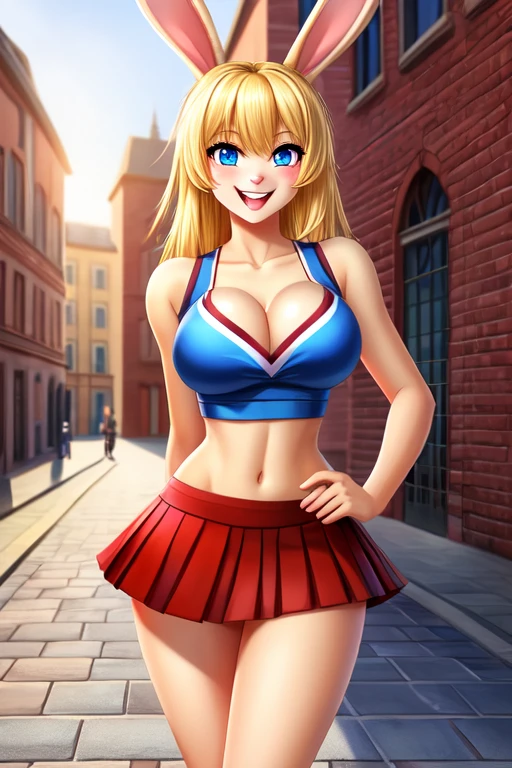 Rabbit girl High school cheerleader, solo, female, blonde hair, blue eyes, smiling, big breasts, midriff, pleated skirt, cleavage, slim, small waist, small hips, european city, brick road, hands behind back, happy, looking at viewer, high quality