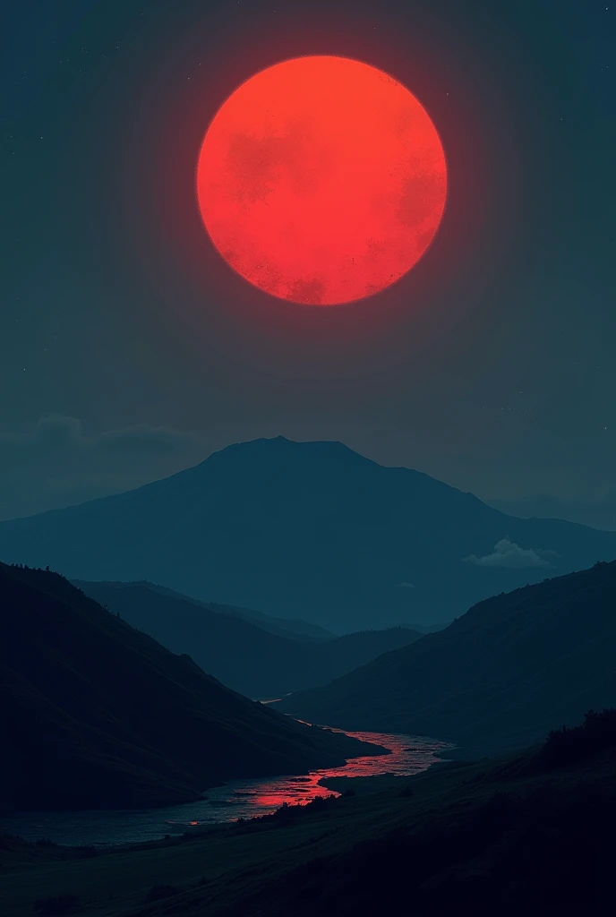 On a hill a reddish moon also the blueish mesio cerro