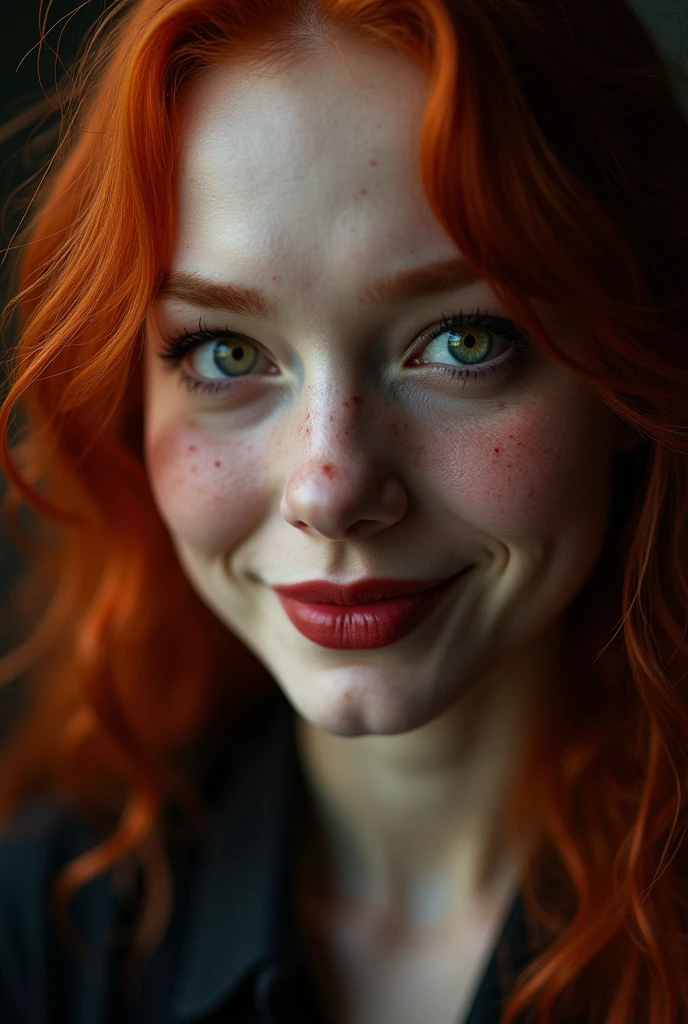 (close-up, editorial photograph of a 30 year old woman), (highly detailed face:1.4) (smile:0.7) (background inside dark, moody, private study:1.3) POV, by lee jeffries, nikon d850, film stock photograph ,4 kodak portra 400 ,camera f1.6 lens ,rich colors, hyper realistic ,lifelike texture, dramatic lighting , cinestill 800, wavy hair, messy hair, curls, malicious smile, mischeveous smile, evil smile, devil expression, red scarlet hair, freckles, green eyes, white skin, thelema, goddess, Babalon, Lilith, Pombagira, goddess of magic, goddess of the night, astral plane, scarlet woman, garden of eden, masterpiece, witchcraft, red full moon, full naked, perfect details
