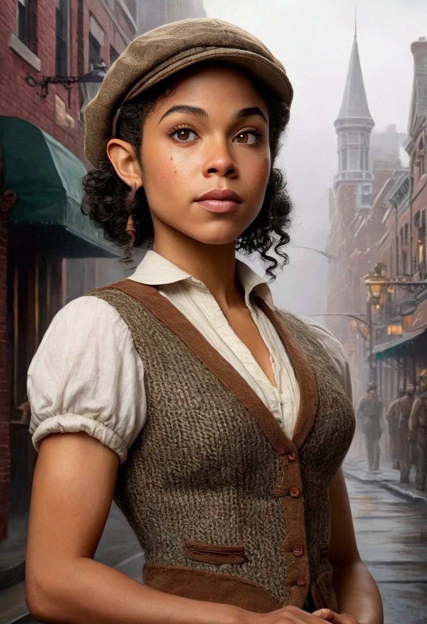 An illustrated movie poster, hand-drawn, full color, an elven maiden, wearing a tweed vest and a newsie cap, tall, toned, amazonian stature, athletic hourglass figure, busty bosom, long pointy elf ears, amber eyes, dark hair, curly bob cut, warm almond skintone, freckles, resembles Alexandra Shipp, standing on a foggy Victorian-era street corner, graphite shading, stencil marks, airbrushed acrylic paint, masterpiece, elf ears