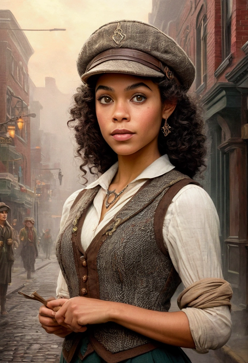 An illustrated movie poster, hand-drawn, full color, an elven maiden, wearing a tweed vest and a newsie cap, tall, toned, amazonian stature, athletic hourglass figure, busty bosom, long pointy elf ears, amber eyes, dark hair, curly bob cut, warm almond skintone, freckles, resembles Alexandra Shipp, standing on a foggy Victorian-era street corner, graphite shading, stencil marks, airbrushed acrylic paint, masterpiece, elf ears