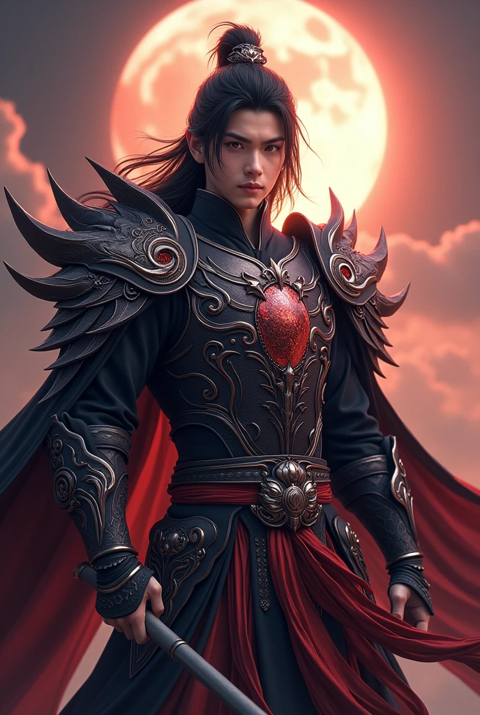 Handsome young  xianxia protagonist,Chinese handsome,clear face detailed,perfect lighting,guy,man,long black obsidian hair, dark Phoenix crown,Crimson red eyes combination ,and long black tint hair,and the golden rune motiv  engraved on his forehead,use armour featuring like God of evil  with black and  silver dominant color,pauldron protective shape like dragon head,breastplate featuring like qiongqi four perils Chinese beast((search reference for 4 perils Chinese beast qiongqi)),breastplate detailed emperor dragon head shape,shoulder protective dragon shape like head red and blue,sun and moon and circling at the background,ultra detail,the tassel of the armour like river of galaxy, combination of black and red dominant color,darkest red dominant color, Crimson dark red dominant color armour,with majestic silver line ,held  halberd of abyss,halberd extreme detailed, And demonic wings at back,demonic wings at back,terrifying aura around,24K ultra hd,face and eyes detail,lips and face detail,masterpiece ,better quality 