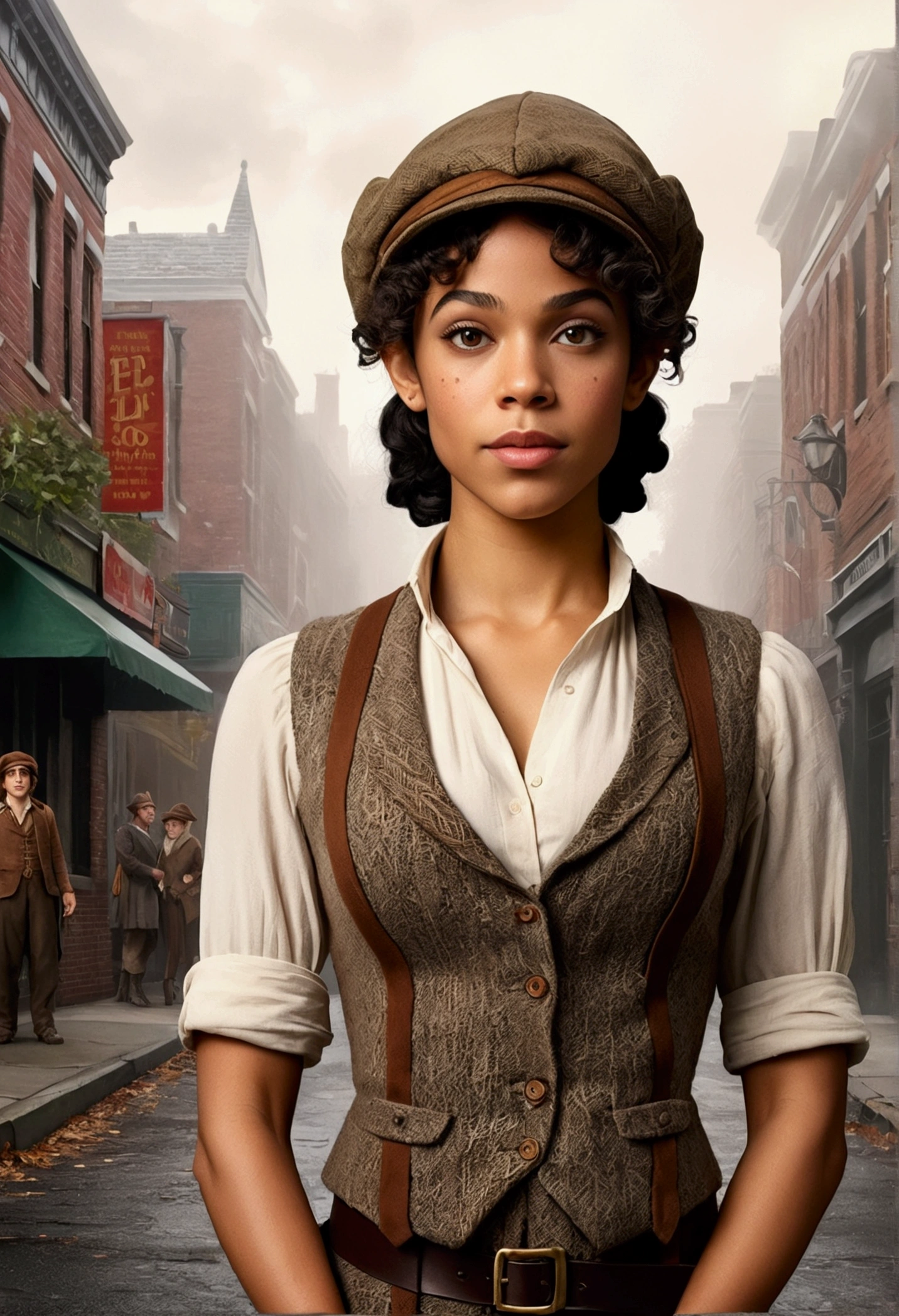 An illustrated movie poster, hand-drawn, full color, an elven maiden, wearing a tweed vest and a newsie cap, tall, toned, amazonian stature, athletic hourglass figure, busty bosom, long pointy elf ears, amber eyes, dark hair, curly bob cut, warm almond skintone, freckles, resembles Alexandra Shipp, standing on a foggy Victorian-era street corner, graphite shading, stencil marks, airbrushed acrylic paint, masterpiece, elf ears