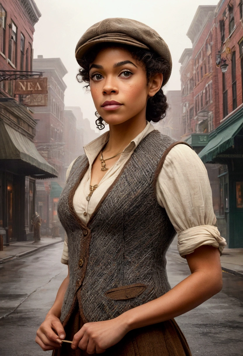 An illustrated movie poster, hand-drawn, full color, an elven maiden, wearing a tweed vest and a newsie cap, tall, toned, amazonian stature, athletic hourglass figure, busty bosom, long pointy elf ears, amber eyes, dark hair, curly bob cut, warm almond skintone, freckles, resembles Alexandra Shipp, standing on a foggy Victorian-era street corner, graphite shading, stencil marks, airbrushed acrylic paint, masterpiece, elf ears
