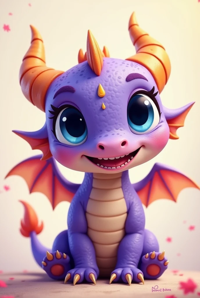 Smiling purple baby dragon with small wings, blue eyes, small hands, and very small yellow horns