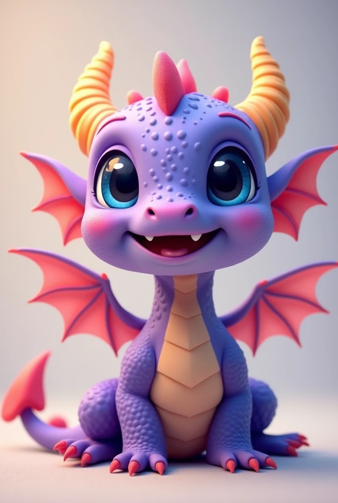 Smiling purple baby dragon with small wings, blue eyes, small hands, and very small yellow horns