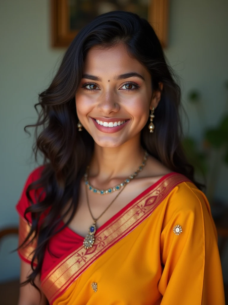 beautiful girl, wearing saree, cute girl, lusty smile, simple background