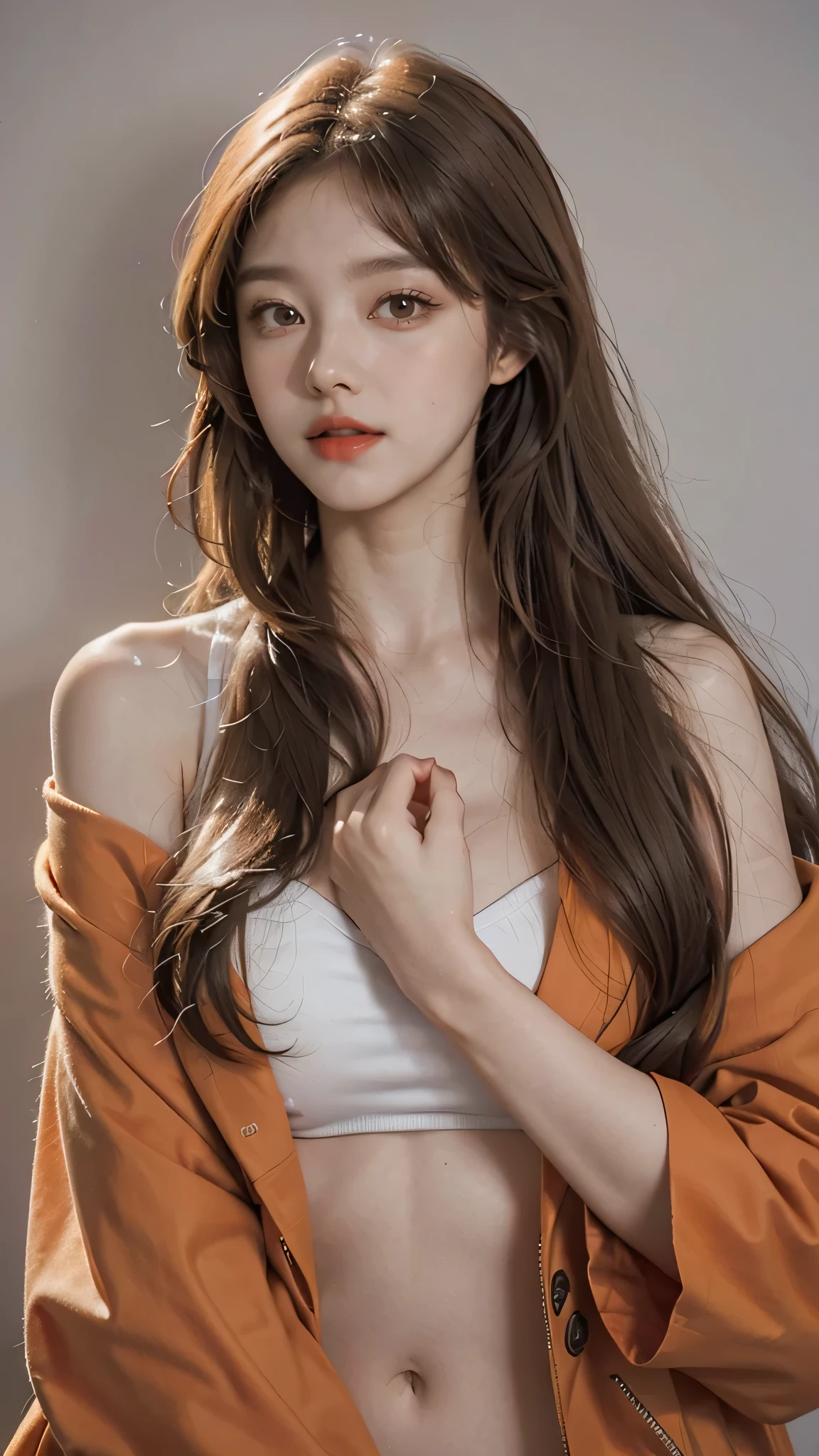 Girl wearing, luxury golden coat, shoulder length hair, wavy hair, glowing skin, star in eye, red lips, grey background, cute poses , upper body.
