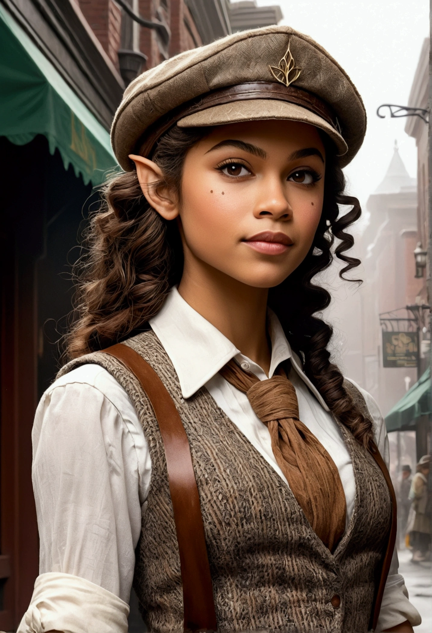 An illustrated movie poster, hand-drawn, full color, an elven maiden, wearing a tweed vest and a newsie cap, tall, toned, amazonian stature, athletic hourglass figure, busty bosom, long pointy elf ears, amber eyes, dark hair, curly bob cut, warm almond skintone, freckles, resembles Zendaya, standing on a foggy Victorian-era street corner, graphite shading, stencil marks, airbrushed acrylic paint, masterpiece, elf ears