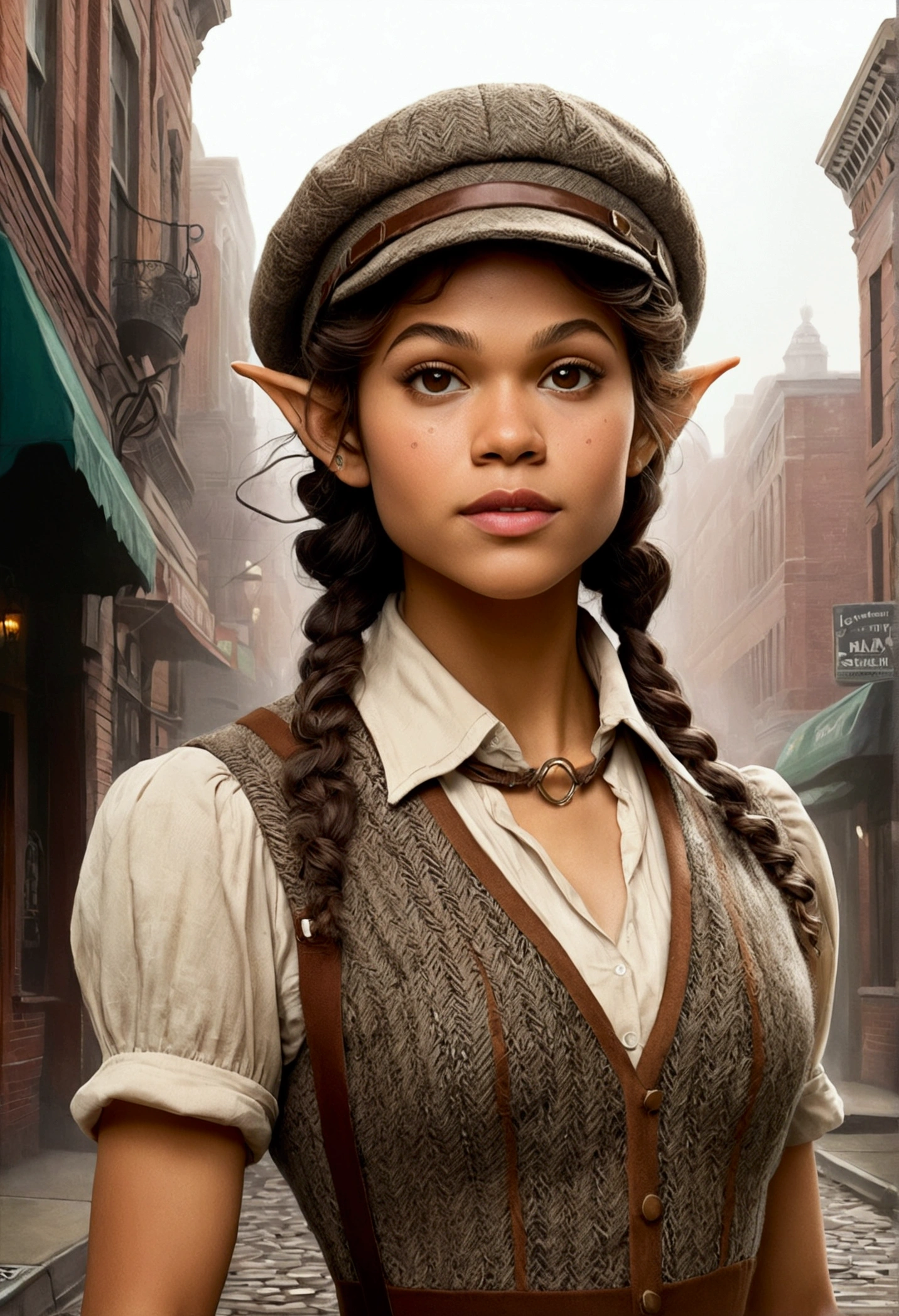 An illustrated movie poster, hand-drawn, full color, an elven maiden, wearing a tweed vest and a newsie cap, tall, toned, amazonian stature, athletic hourglass figure, busty bosom, long pointy elf ears, amber eyes, dark hair, curly bob cut, warm almond skintone, freckles, resembles Zendaya, standing on a foggy Victorian-era street corner, graphite shading, stencil marks, airbrushed acrylic paint, masterpiece, elf ears